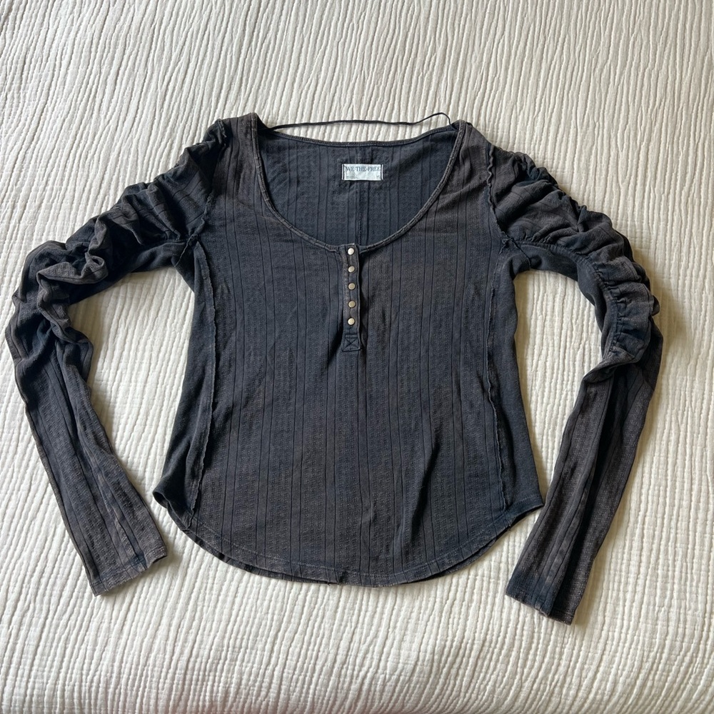 We The Free Black Ribbed Henley Long Sleeve Top